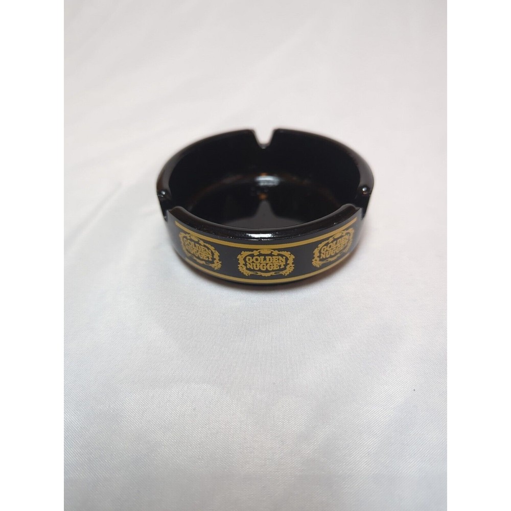 Vtg Las Vegas GOLDEN NUGGET Casino Black Glass Collectible Ashtray 3.5" Round
